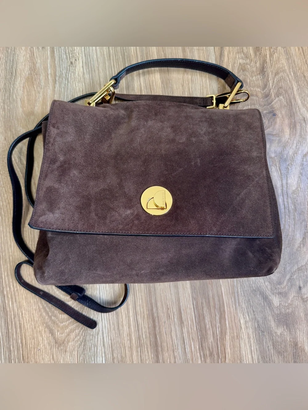 Coccinelle Suede & Leather Convertible Shoulder Crossbody Bag Brown Gold Italy